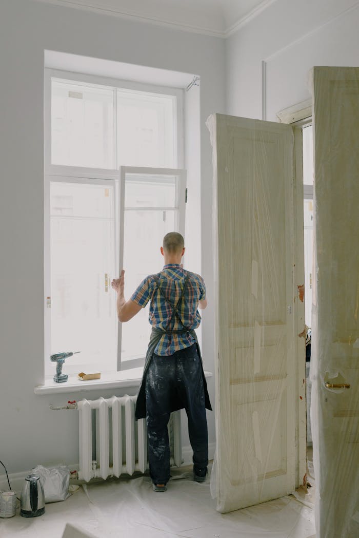 Full-length view of a handyman fixing a modern window in a bright room.